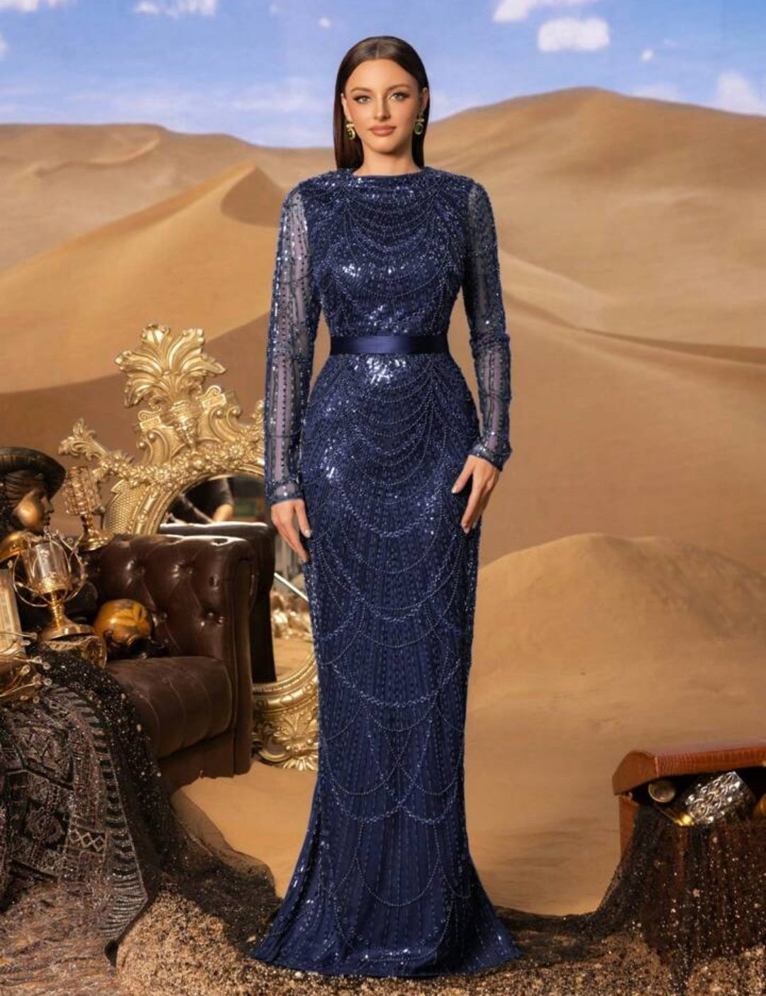 Vestido manga larga azul marino