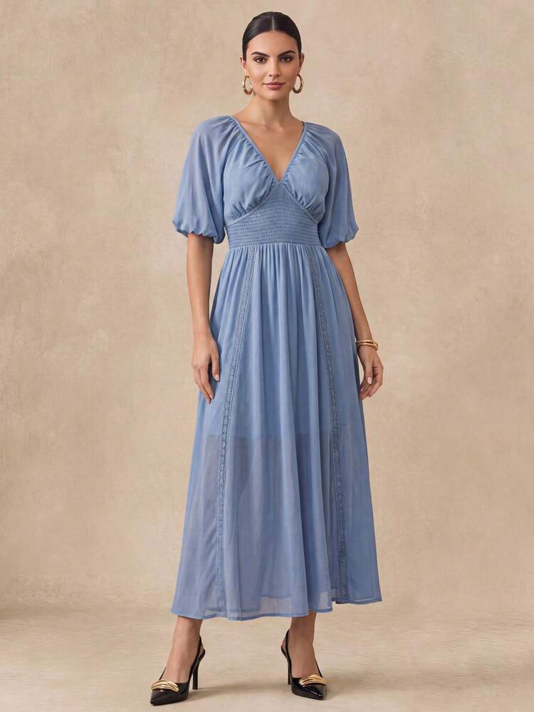 Vestido dusty blue manga corta con escote en V