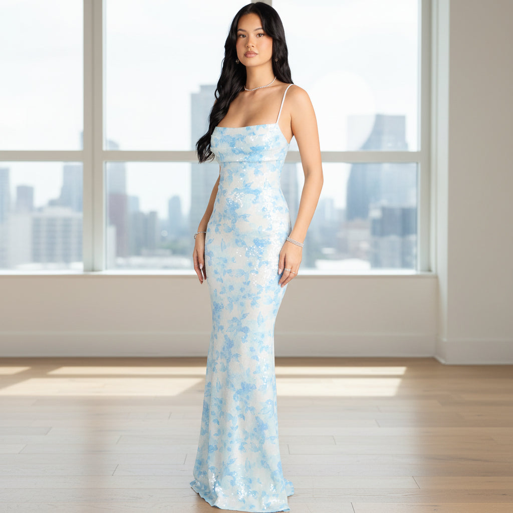 Vestido Julianne blanco y celeste lentejuelas con espalda abierta