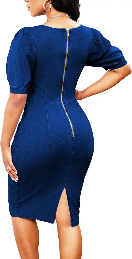 Vestido midi mezclilla azul stretch con escote cuadrado, pegado al cuerpo