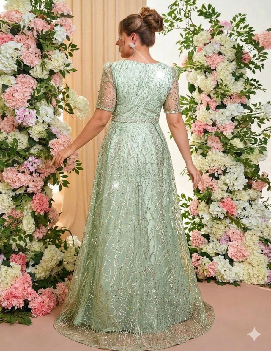 Vestido verde sage con bordado lentejuelas