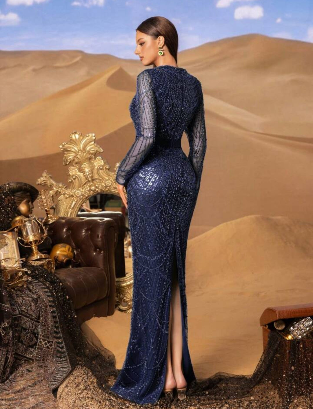 Vestido manga larga azul marino