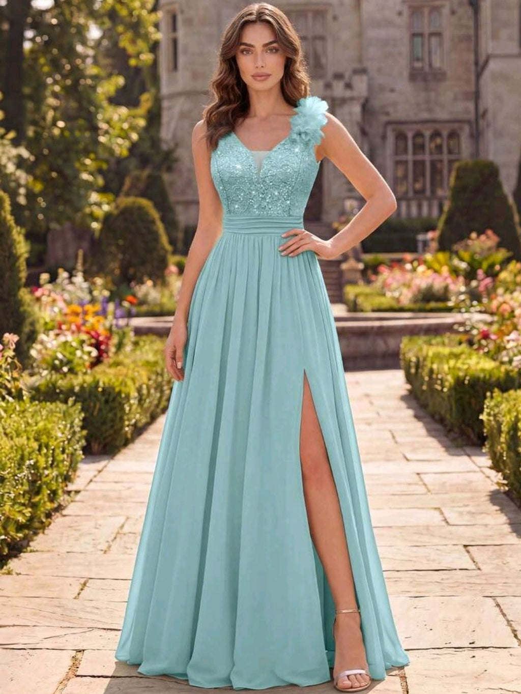 Vestidp aqua encaje lentejuelas y falda chiffon
