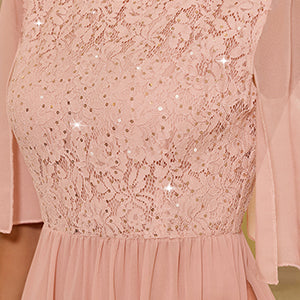 Vestido palo rosa manga capa corta encaje lentejuelas falda chiffon