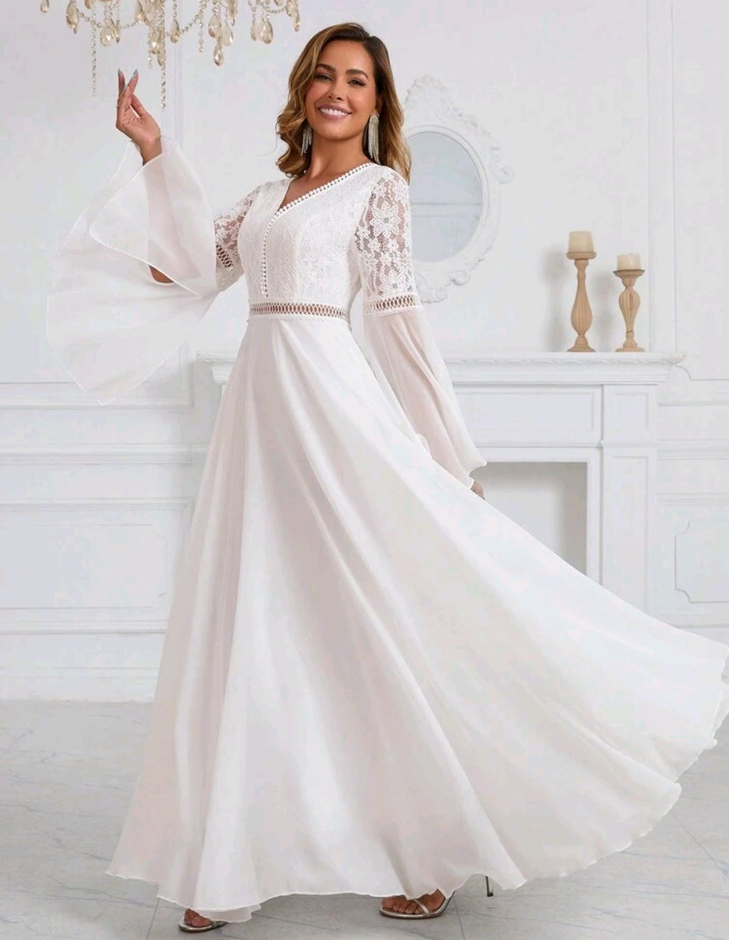 Vestido de Novia Etereo de Gasa con Mangas Campana Dramáticas y Detalles de Encaje – Pureza y Romance Bohemio