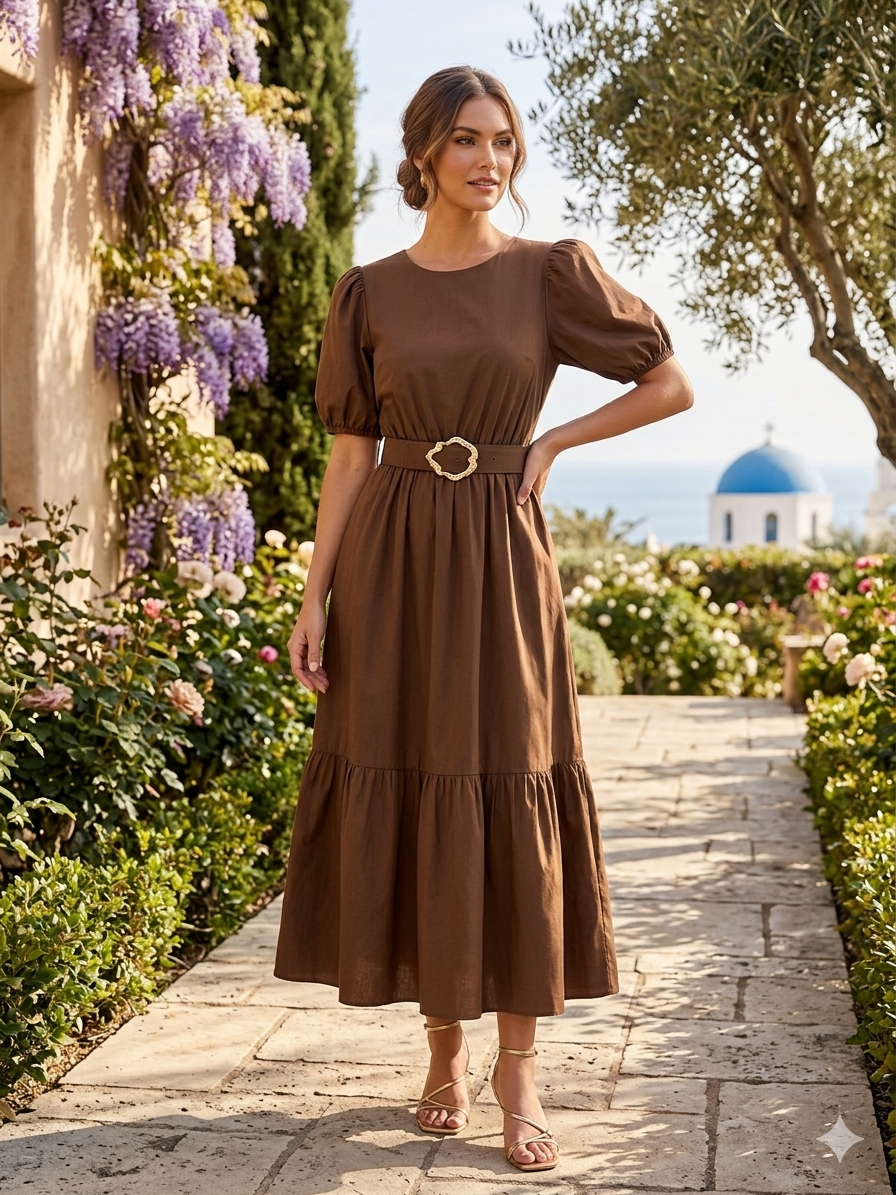 Vestido café stretch manga corta