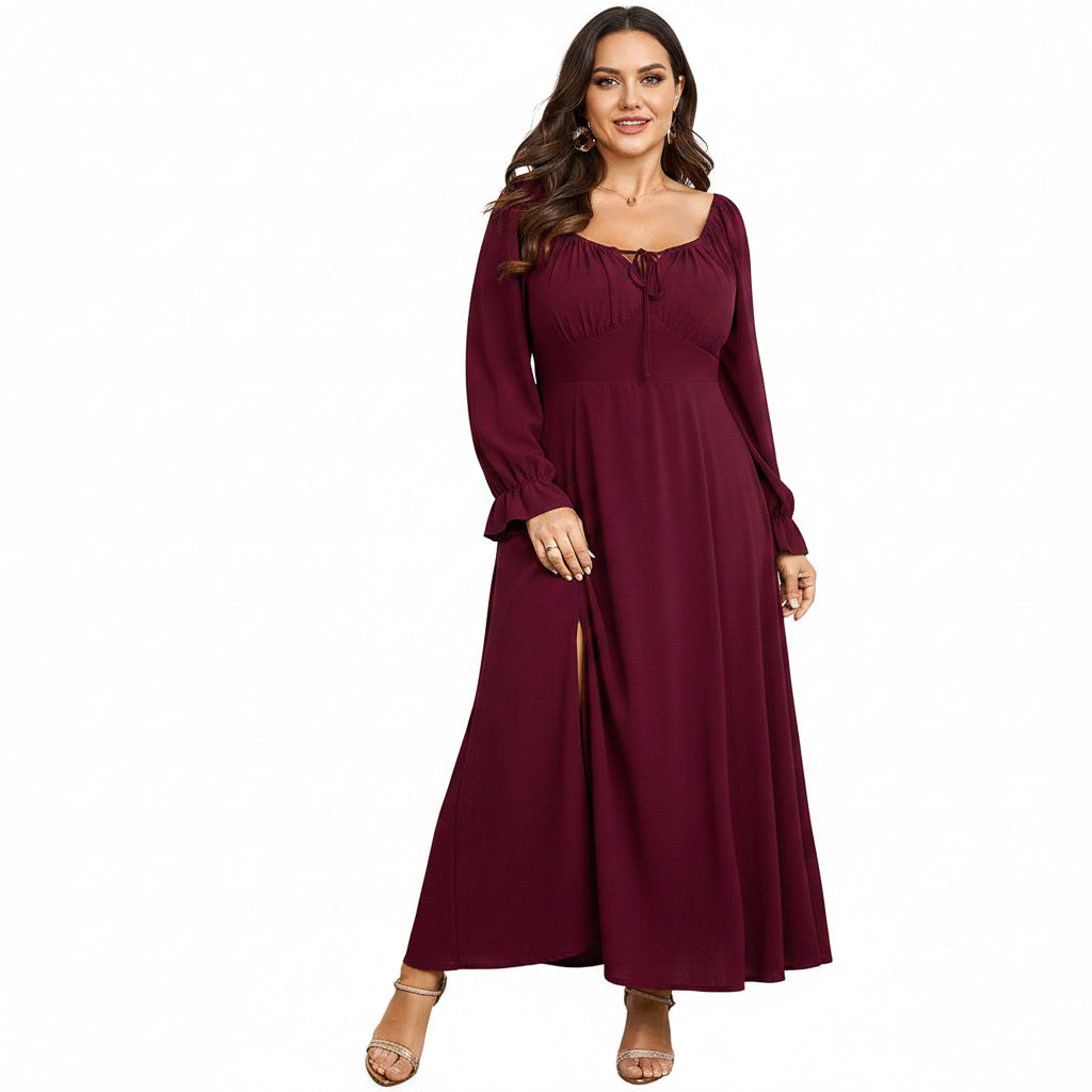Vestido vino manga larga con abertura lateral