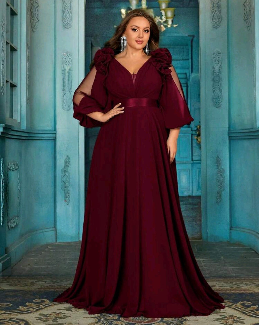 Vestido vino manga larga corte A con escote en V