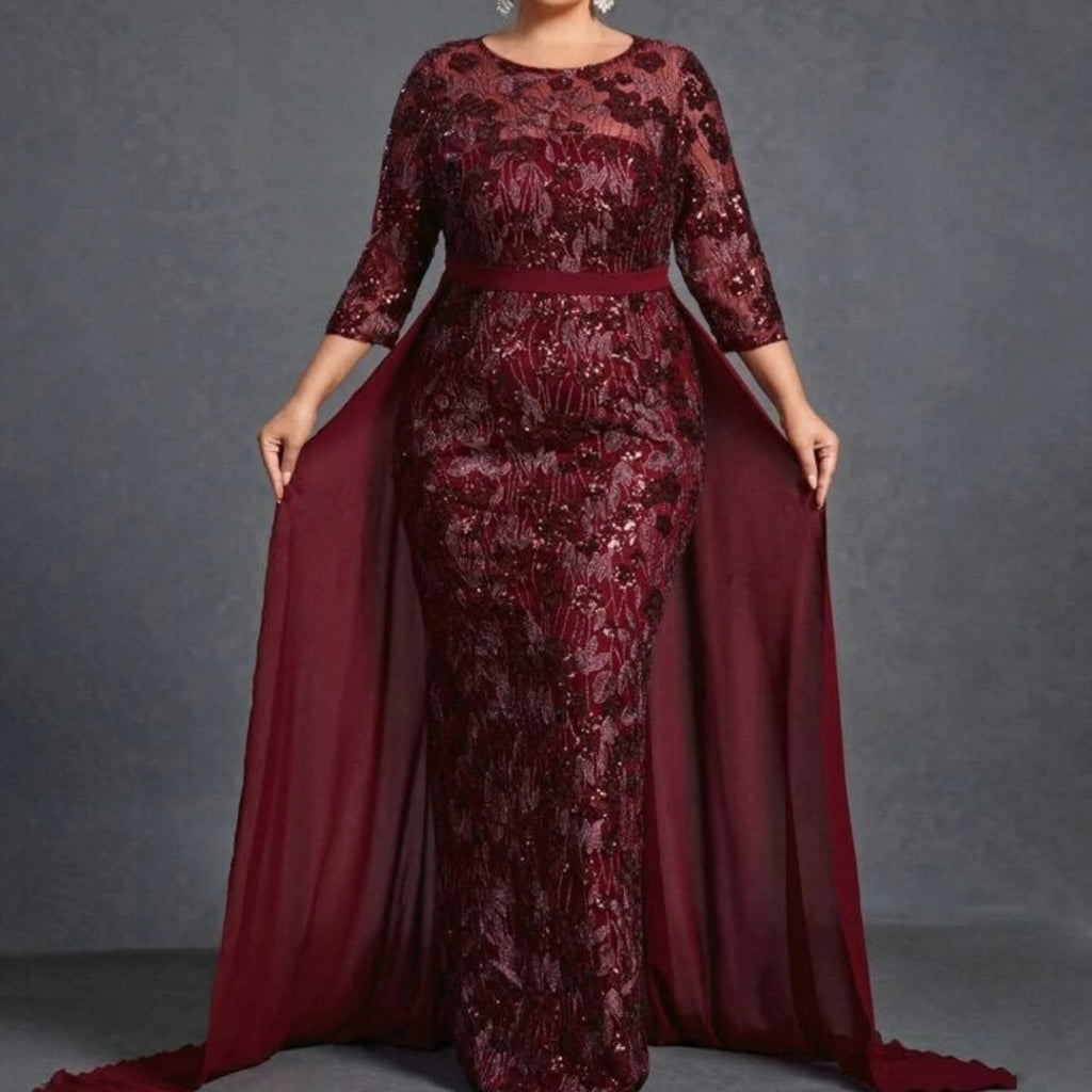 Vestido vino pegado al cuerpo con falda capa añadida