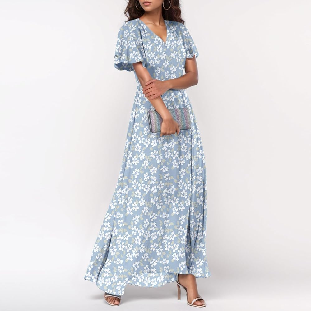 Vestido celeste con estampado floral blanco y gris