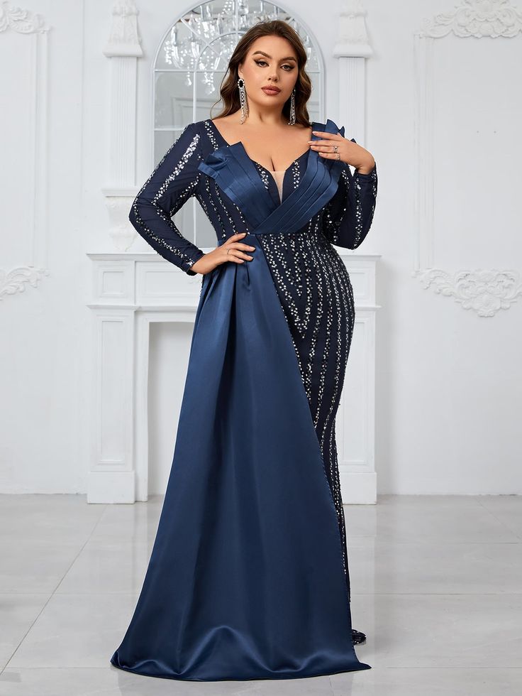 Vestido lentejuelas y saten azul marino manga larga