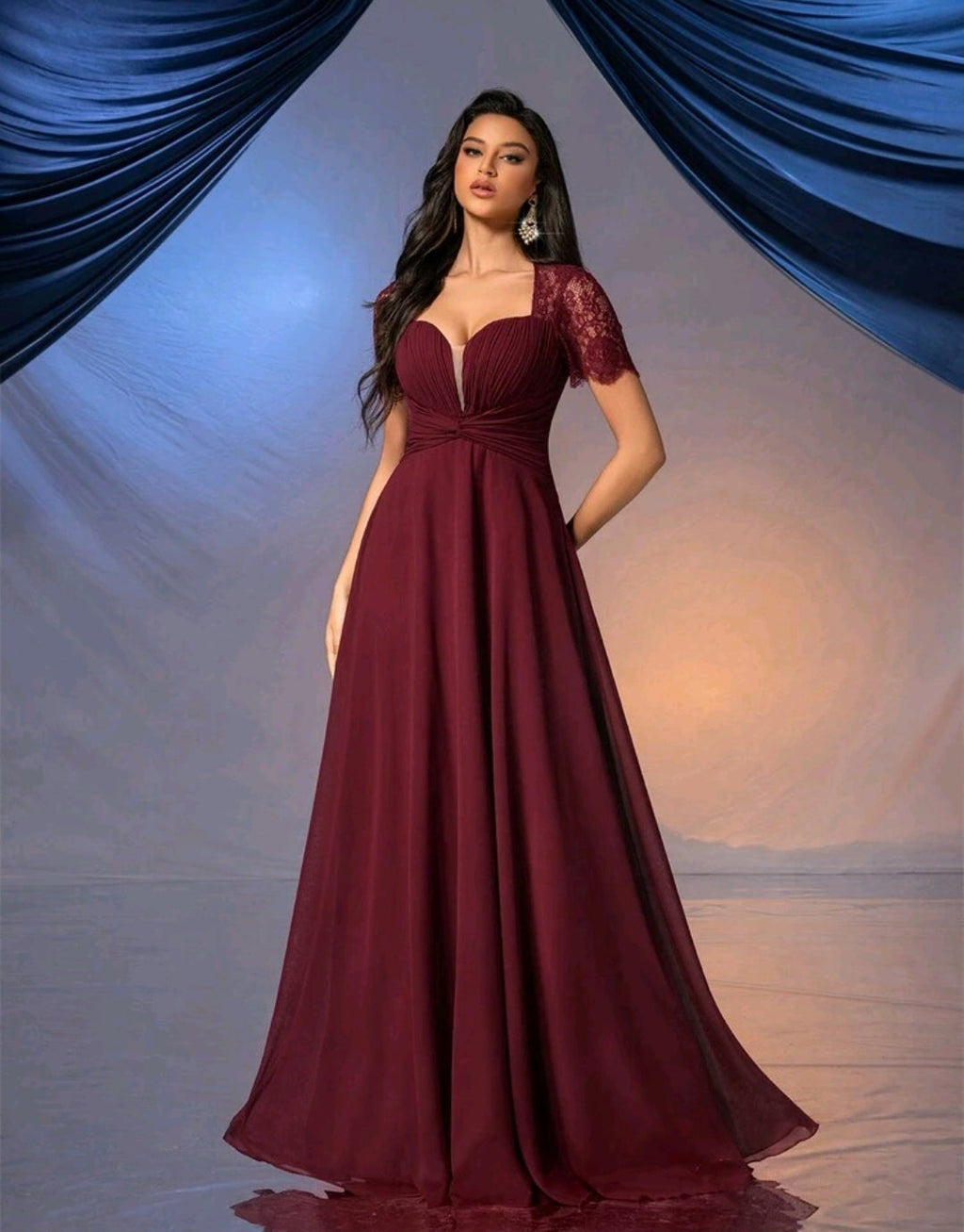Vestido vino escote corazón  corte A