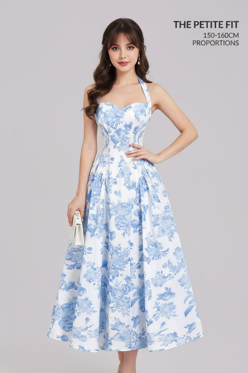 Vestido casual blanco flores celestes midi