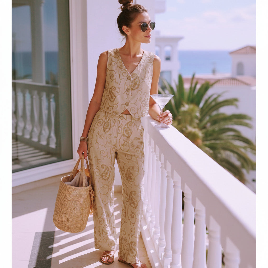 Conjunto beige claro 2 piezas lino y algodón bordado con hilo dorado