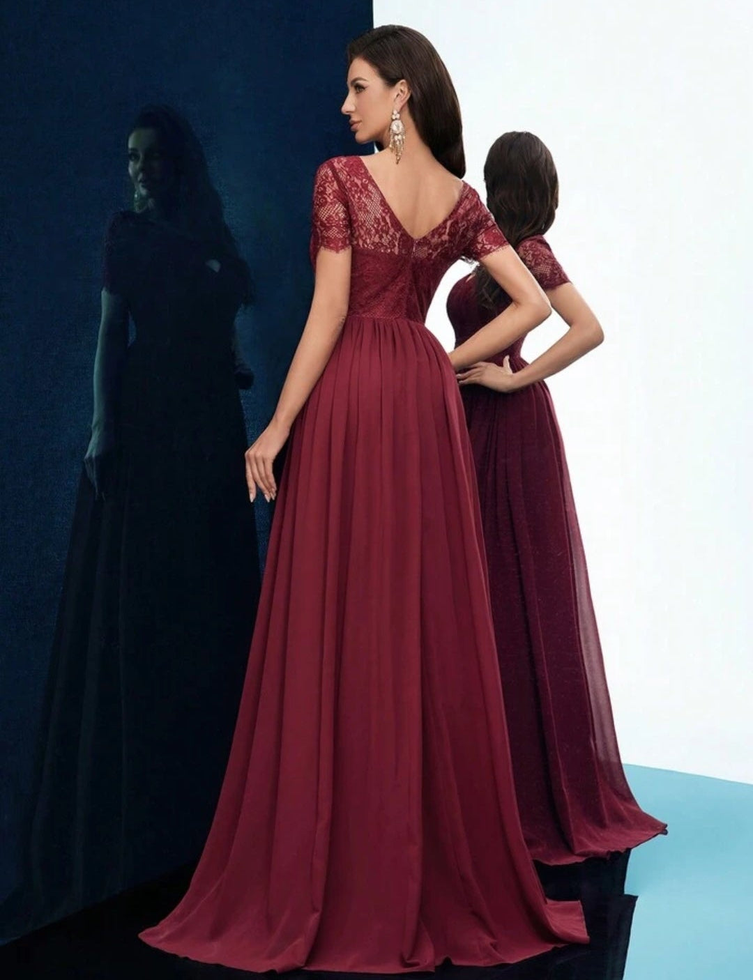 Vestido vino encaje y falda chiffon