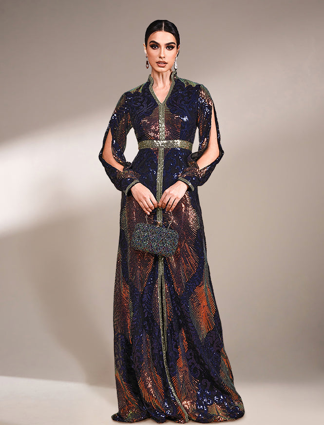 Vestido lentejuelas azul y tornasol manga larga