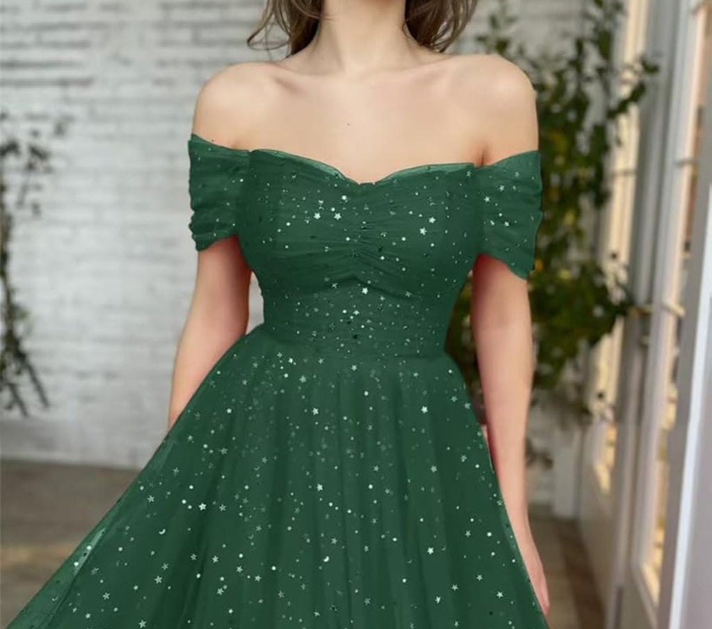 Vestido verde esmeralda con brillo estrellas off-the-shoulder