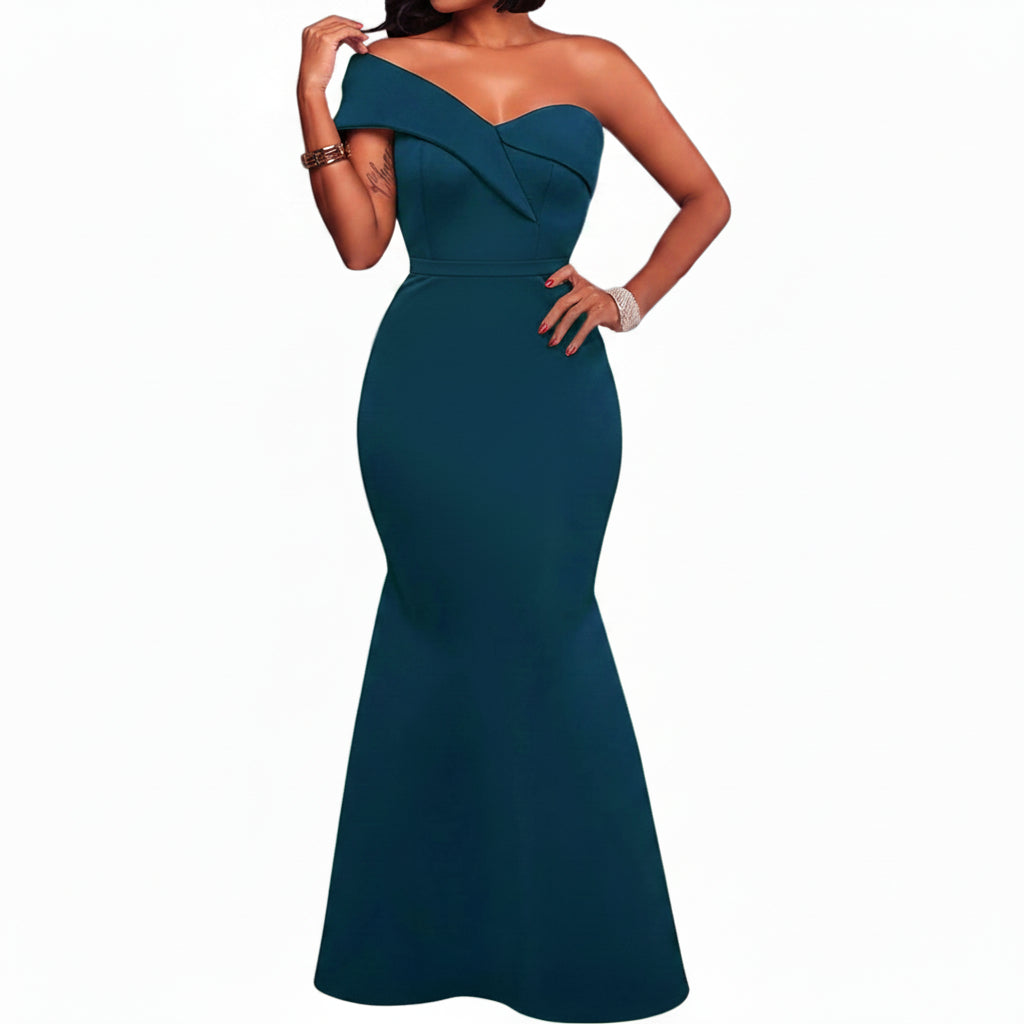 Vestido Turquesa de una manga corte sirena