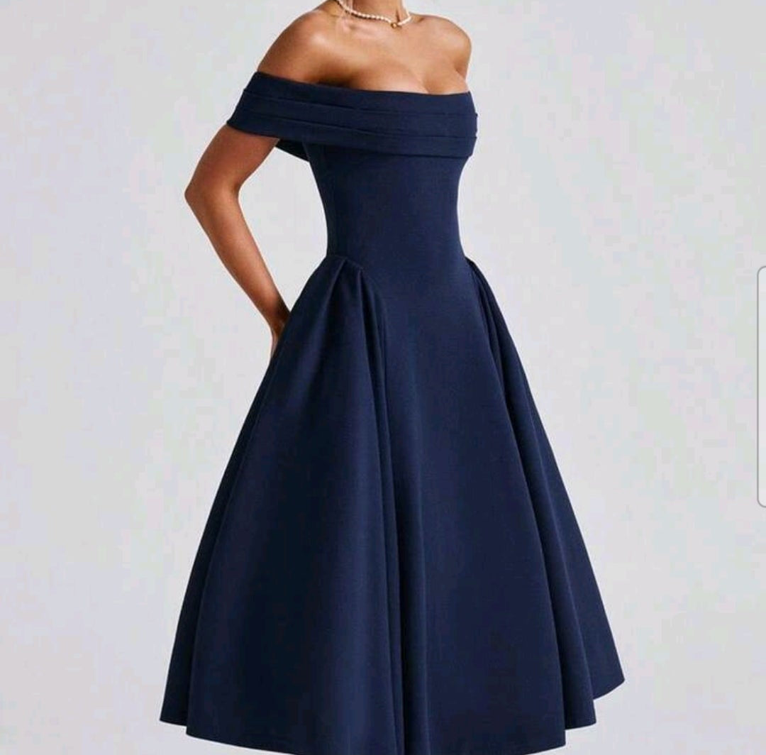 Vestido azul marino formal midi off-the-shoulder