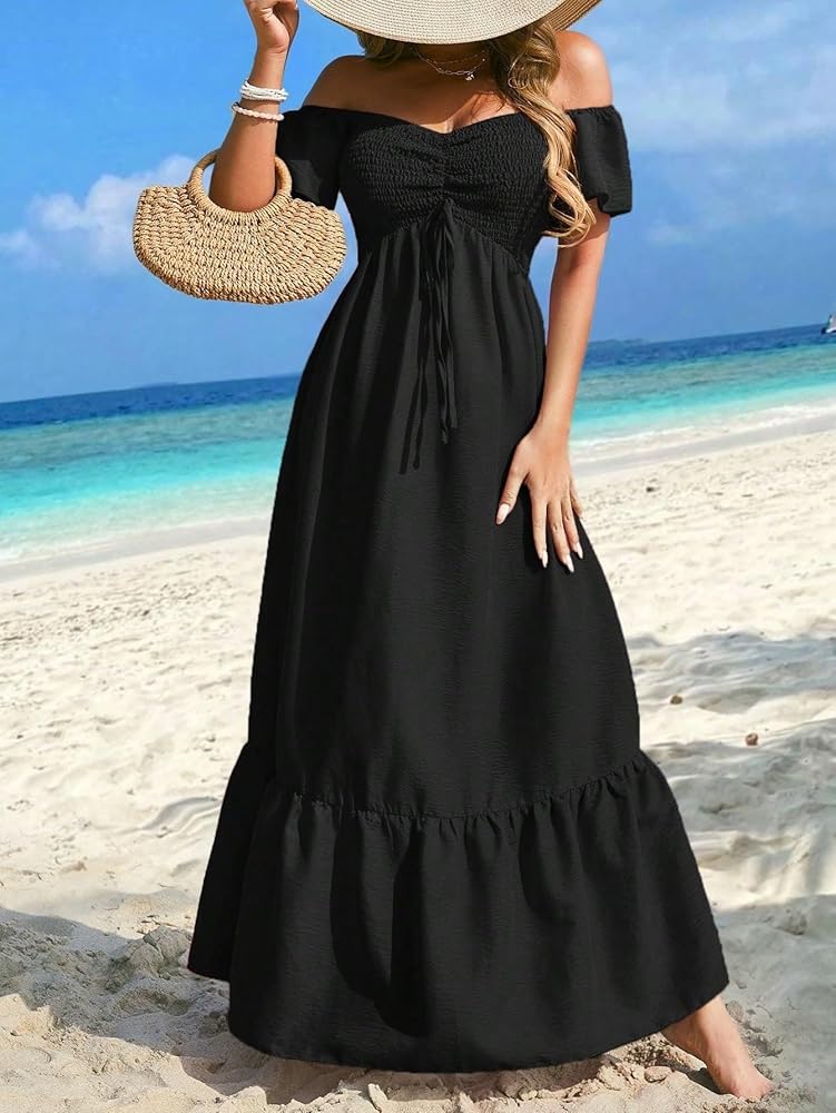 Vestido negro casual off-the-shoulder