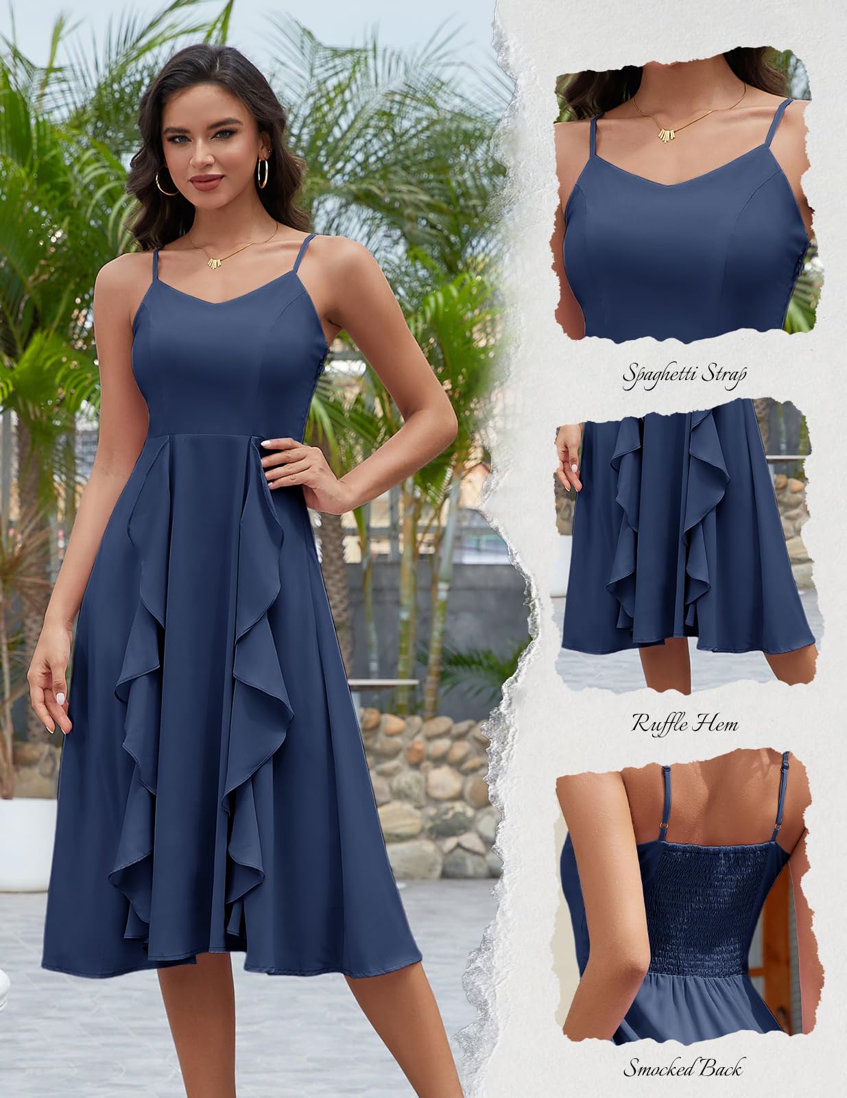 Vestido azul oscuro tirante delgado corte A formal midi