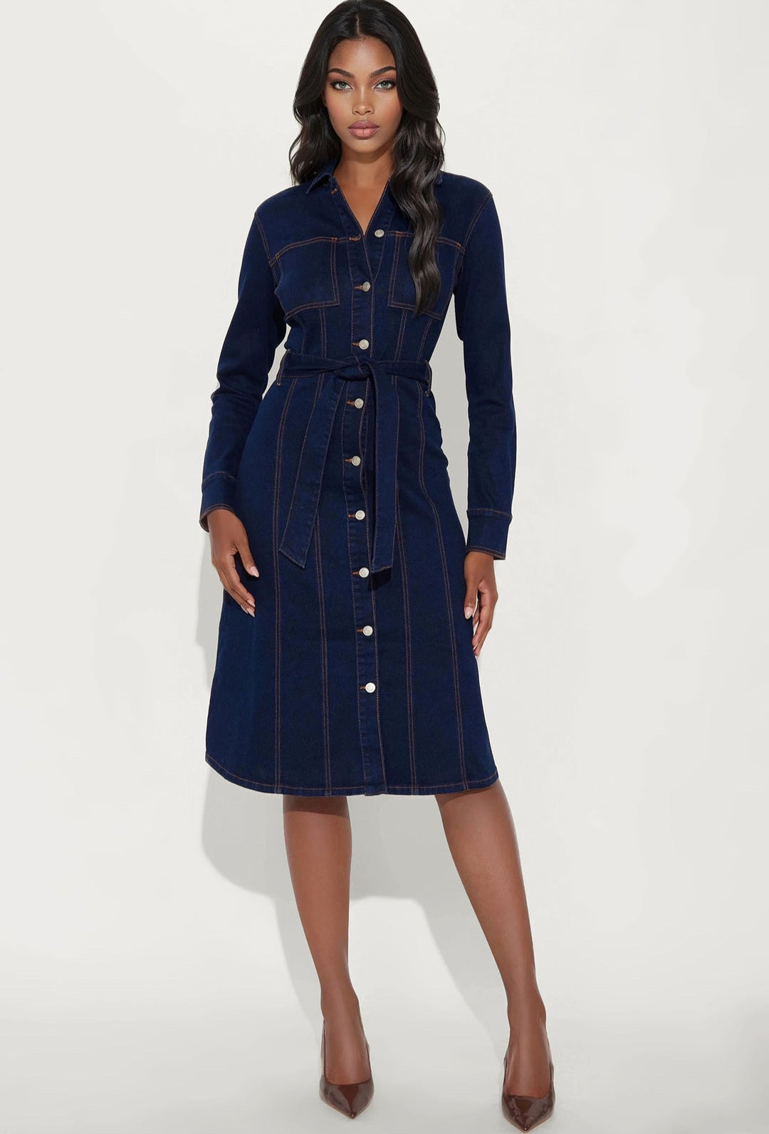 Vestido denim azul oscuro manga larga con botones
