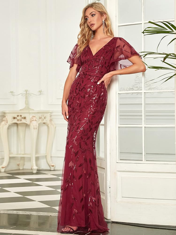 Vestido vino lentejuelas con escote en V
