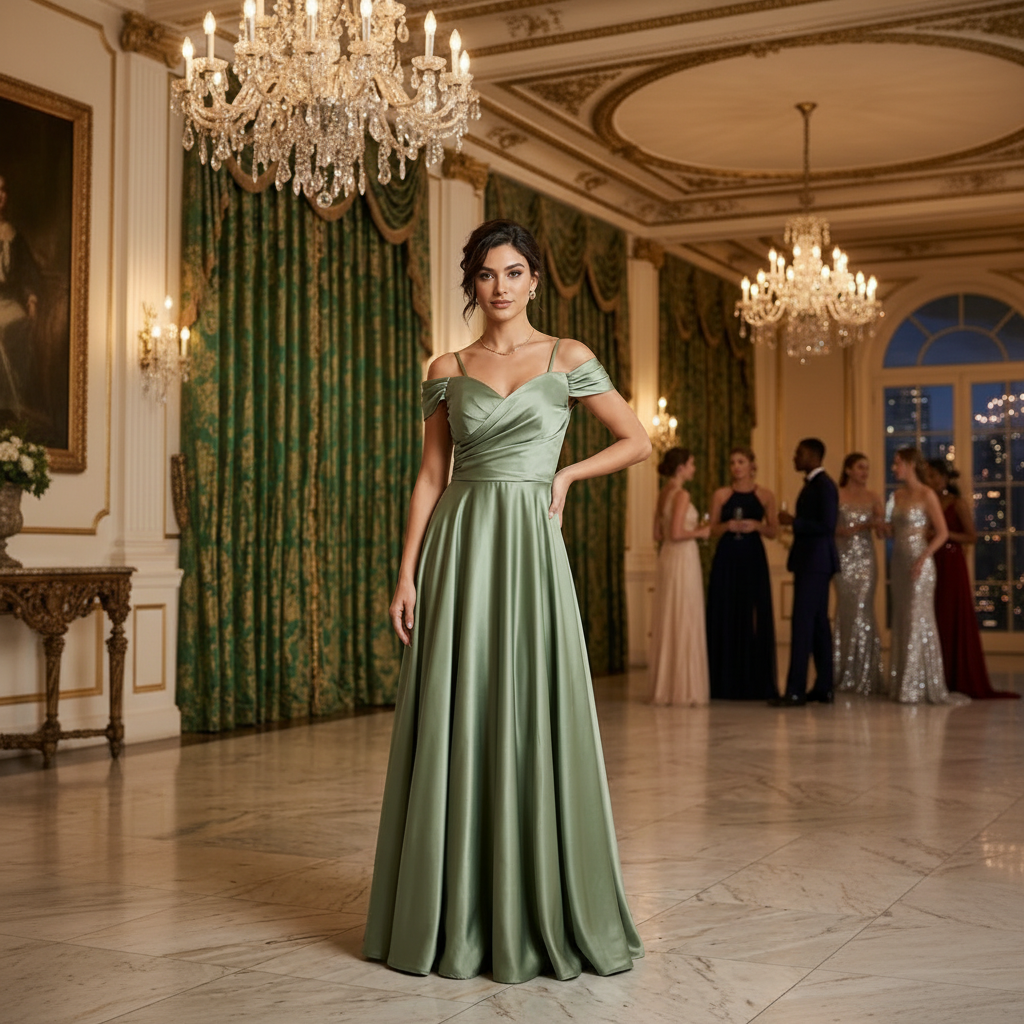 Vestido Celine verde oliva corte A off-the-shoulder