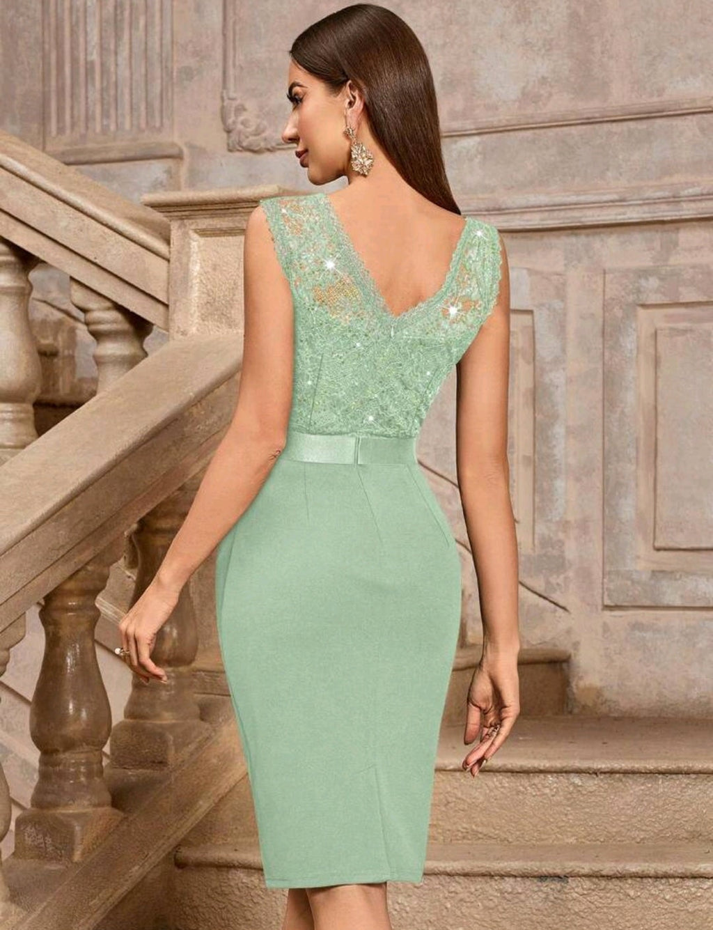 Vestido verde sage encaje lentejuelas formal midi