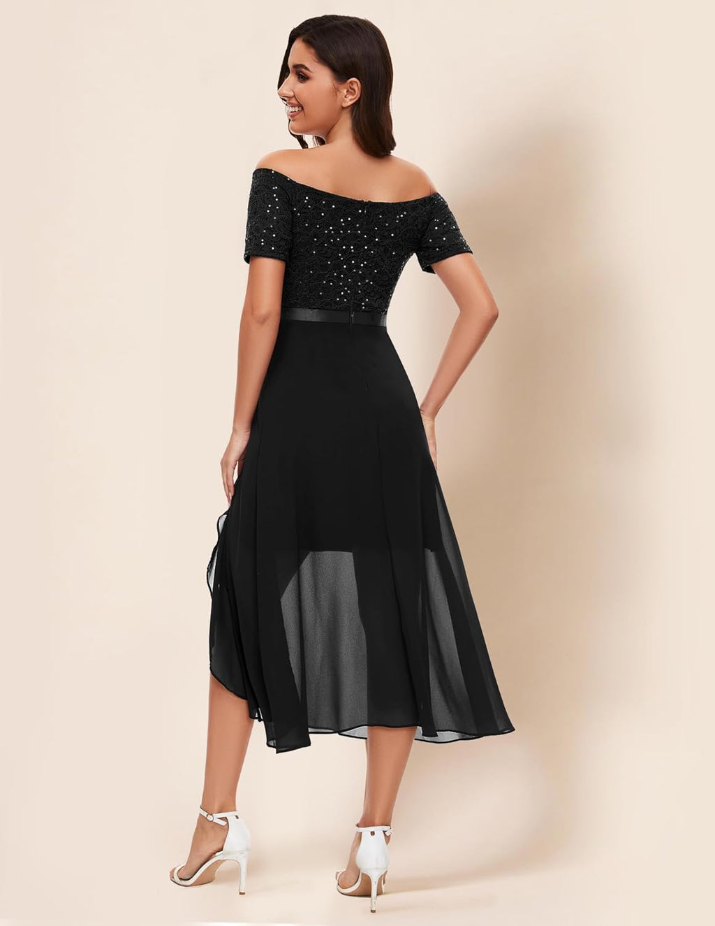 Vestido negro encaje lentejuelas off-the-shoulder y falda chiffon