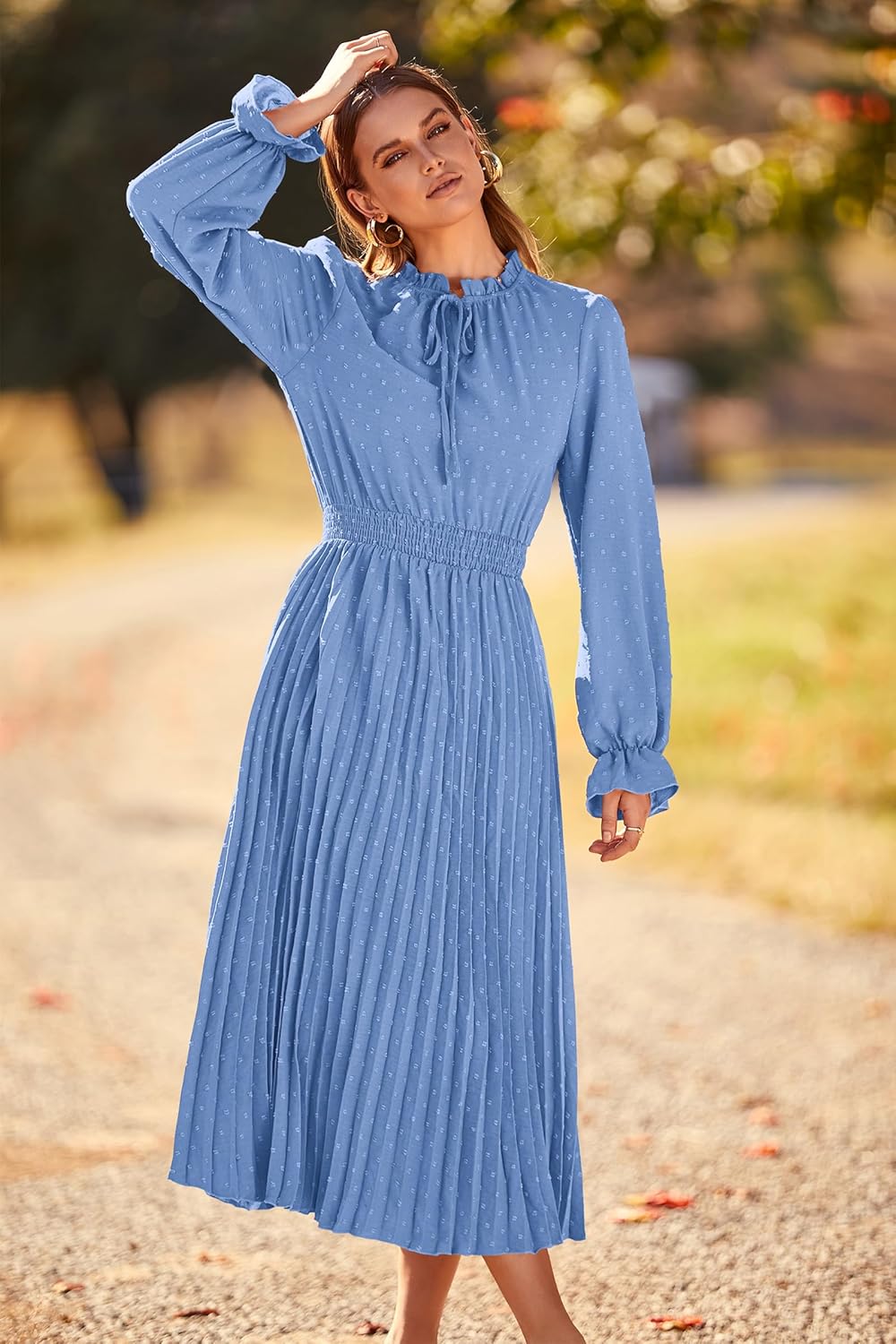 Vestido celeste claro manga Iarga plisado