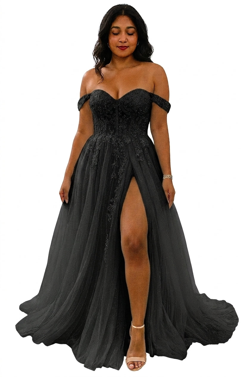 Vestido negro off-the-shoulder con abertura lateral tul con brillo