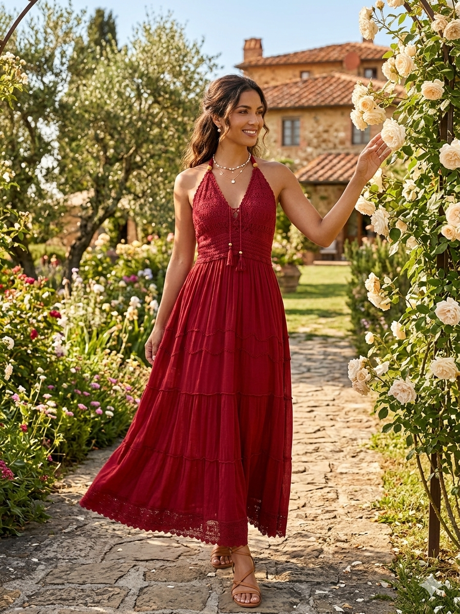 Vestido rojo 100% algodón hindú espalda semi abierta
