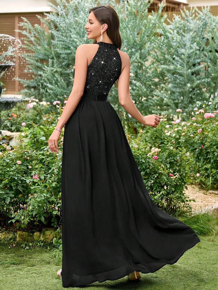 Vestido negro encaje lentejuelas cuello alto falda chiffon