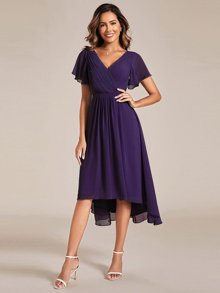 Vestido morado formal midi con escote en V