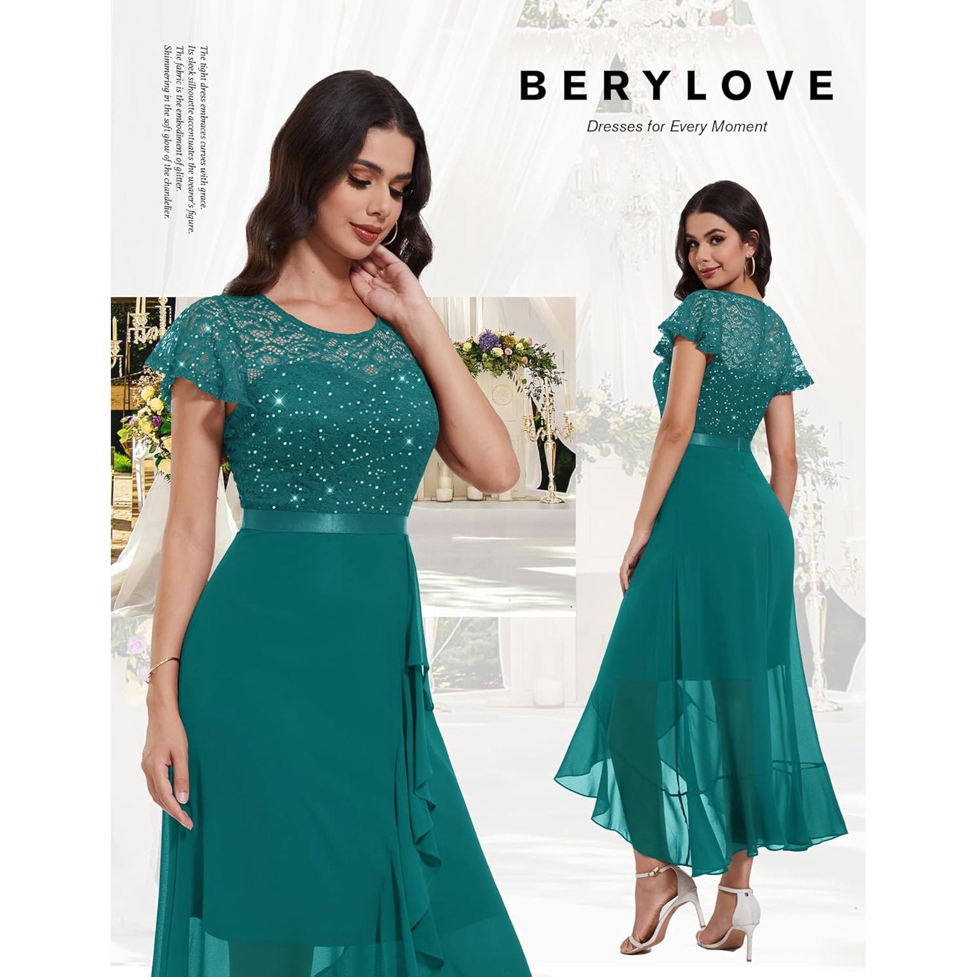 Vestido turquesa encaje lentejuelas y falda chiffon