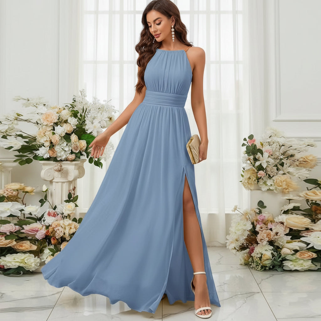 Vestido dusty blue corte A con abertura lateral