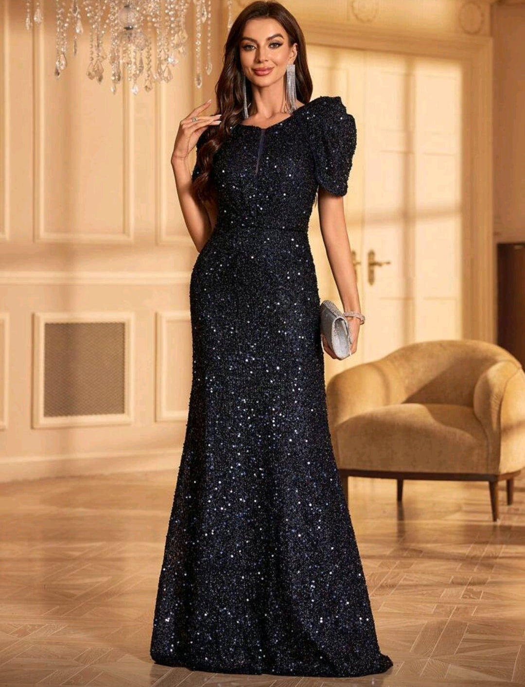 Vestido azul marino lentejuelas manga corta