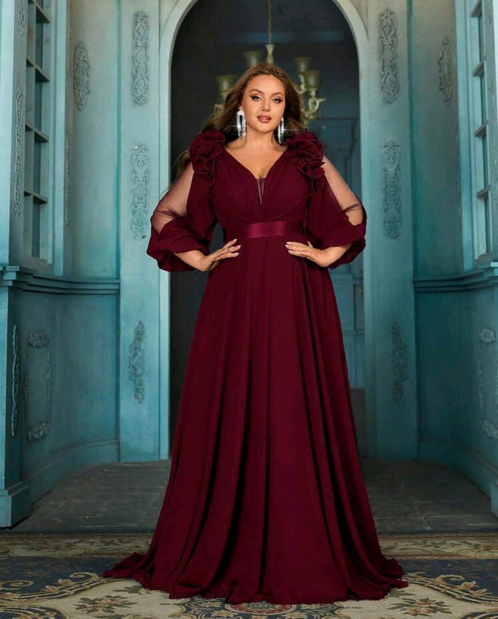 Vestido vino manga larga corte A con escote en V