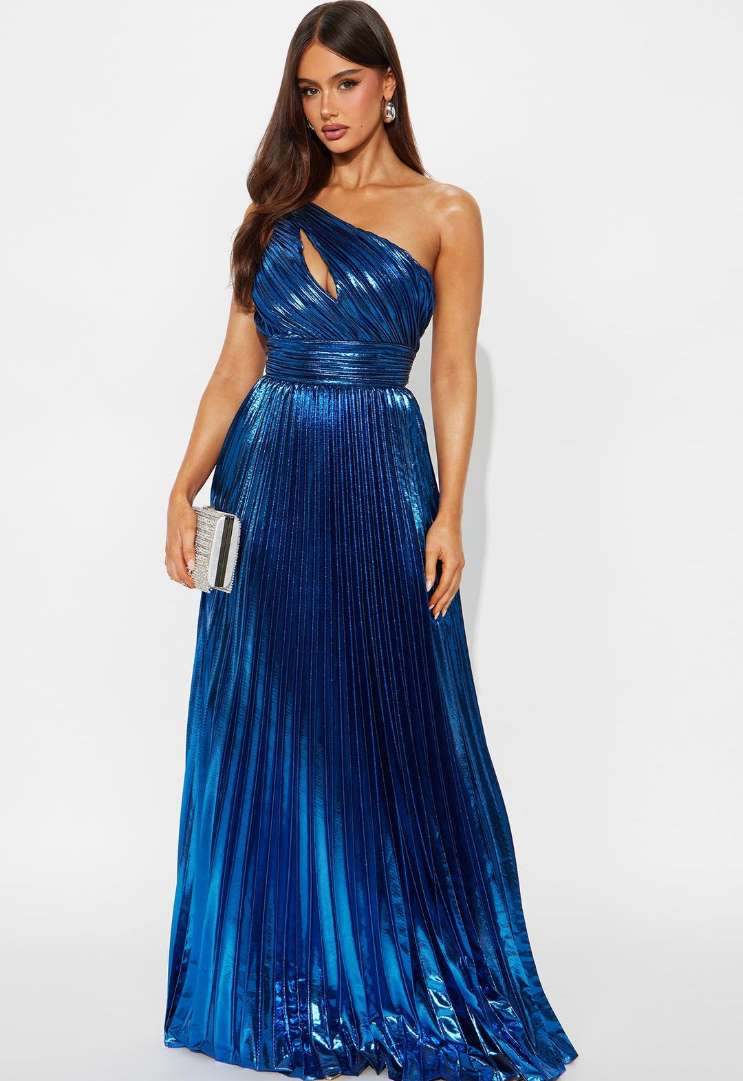 Vestido azul metálico plisado de una manga