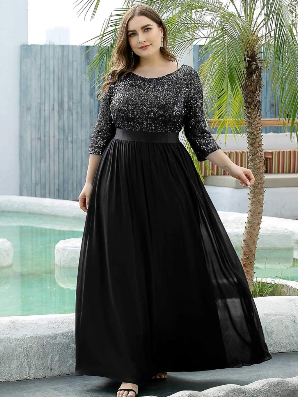 Vestido negro lentejuelas manga 3/4 y falda chiffon
