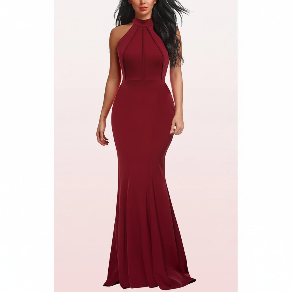 Vestido vino cuello alto pegado al cuerpo corte sirena