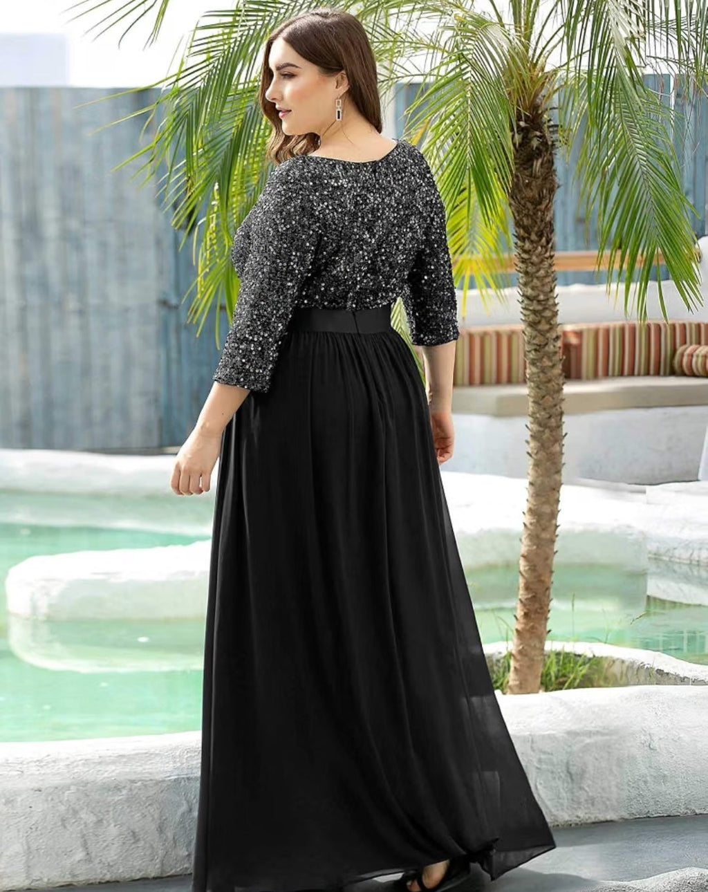 Vestido negro lentejuelas manga 3/4 y falda chiffon