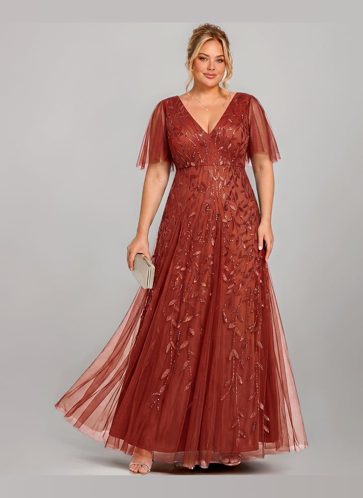Vestido Terracota con escote en V aplicación lentejuelas hojas