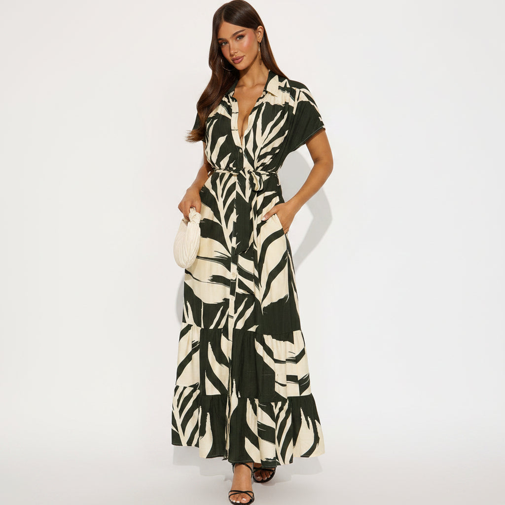 Vestido crema con verde oliva manga corta
