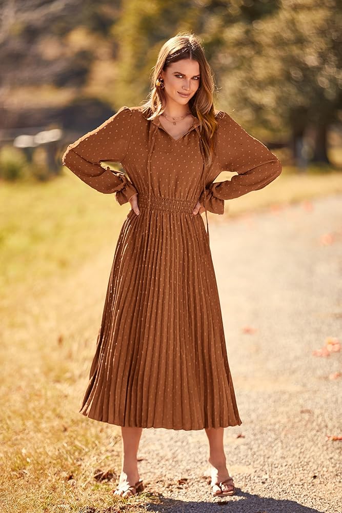 Vestido café claro plisado manga larga