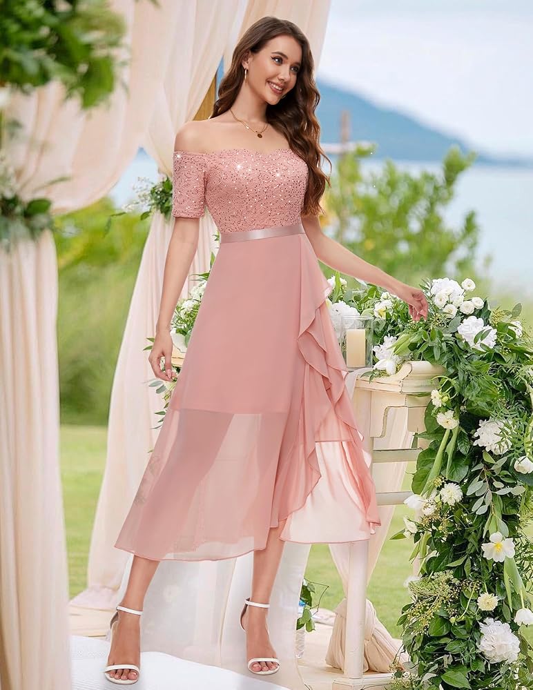Vestido palo rosa encaje y lentejuelas falda chiffon off-the-shoulder
