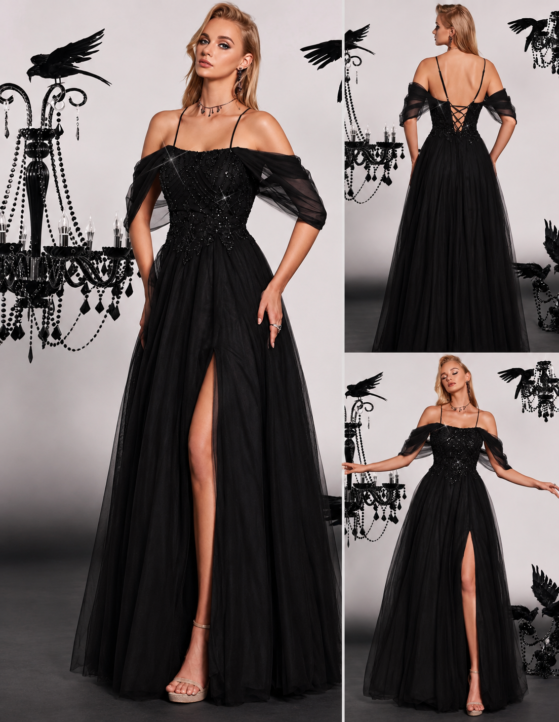 Vestido negro con pedrería off-the-shoulder y falda tul