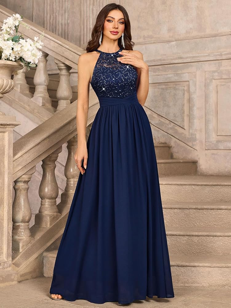 Vestido azul marino encaje lentejuelas cuello alto
