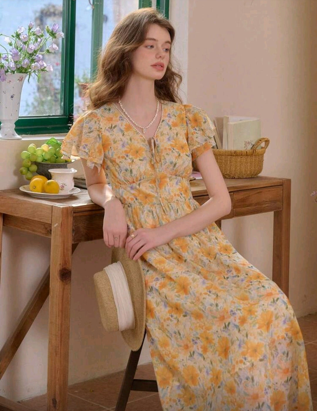 Vestido amarillo floral manga corta